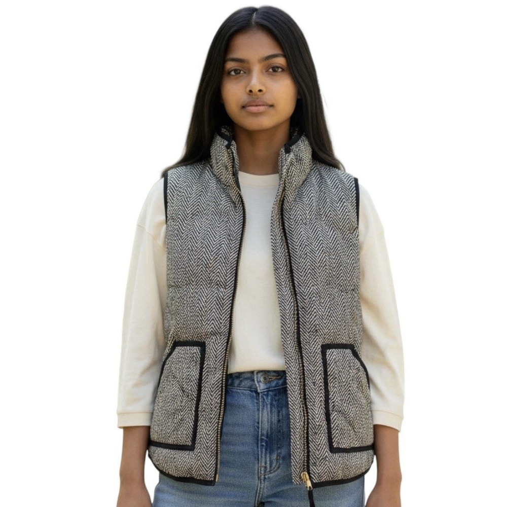 J.Crew Excursion Puffer Vest Navy Cream Herringbone Down Quilted Womens Small